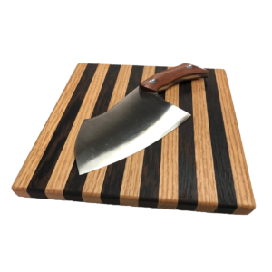 Hand Crafted Stainless Steel Clever with Beveled Brazilian Cherry Handle and Custom Cutting Board