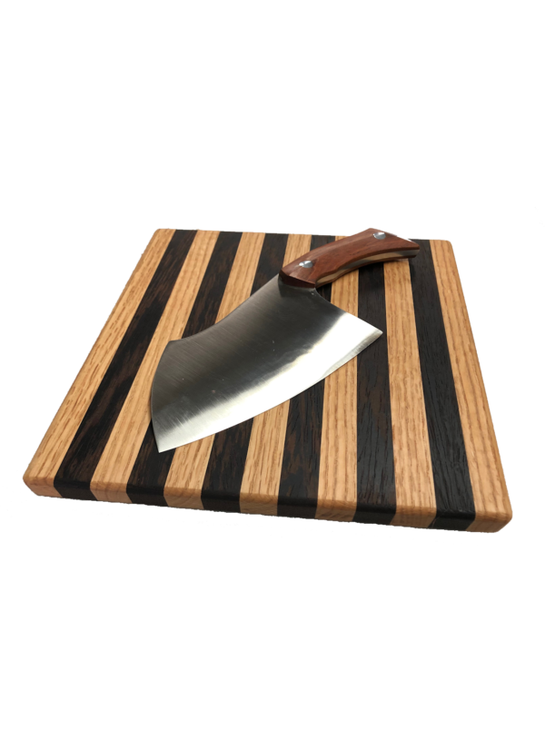 Hand Crafted Stainless Steel Clever with Beveled Brazilian Cherry Handle and Custom Cutting Board