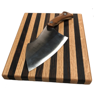 Hand Crafted Stainless Steel Clever with Rounded Brazilian Cherry Handle and Custom Cutting Board
