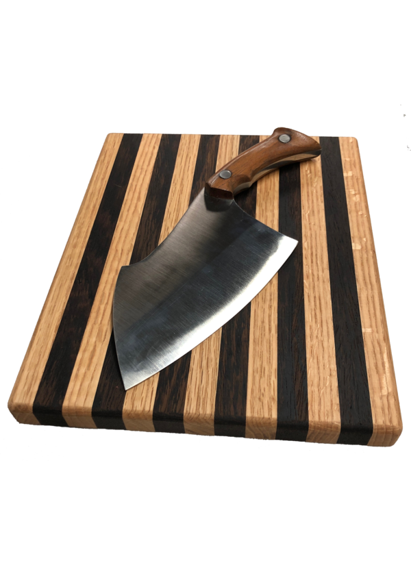 Hand Crafted Stainless Steel Clever with Rounded Brazilian Cherry Handle and Custom Cutting Board