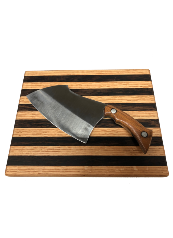 Hand Crafted Stainless Steel Clever with Rounded Brazilian Cherry Handle and Custom Cutting Board - Image 2